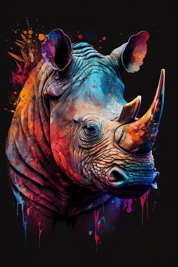 Rhinoceros Head in Teal and Orange Watercolor African Wildlife Poster