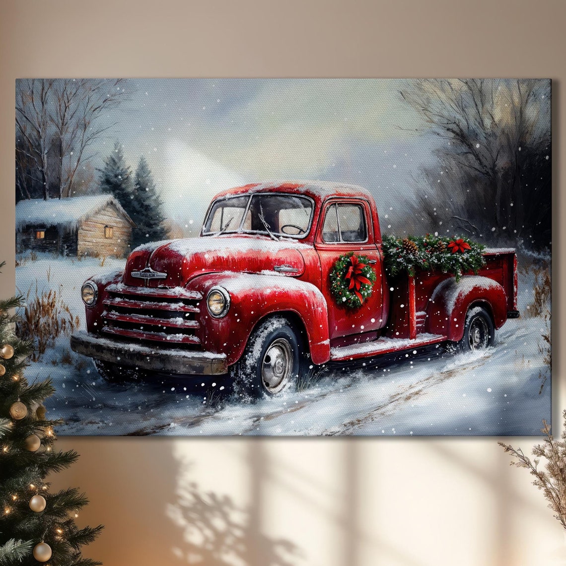 Vintage Red Pickup Truck With Christmas Wreath Snow Scene Print
