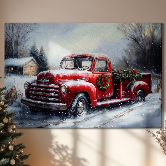 Vintage Red Pickup Truck With Christmas Wreath Snow Scene Print
