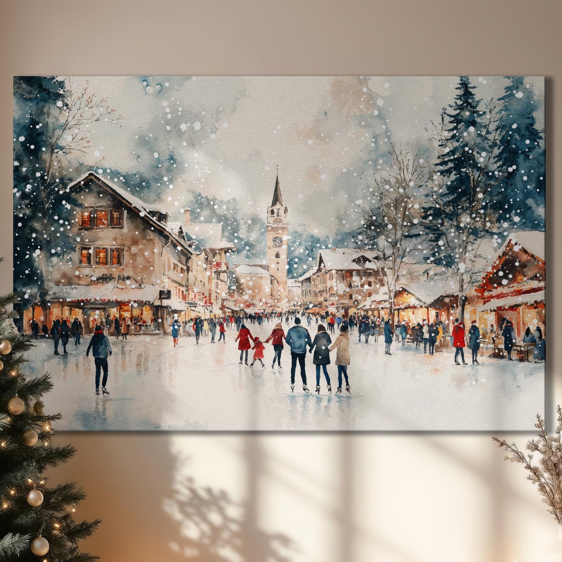 Snowy Christmas Town Square Ice Skating Winter Watercolor Wall Art