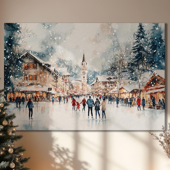 Snowy Christmas Town Square Ice Skating Winter Watercolor Wall Art