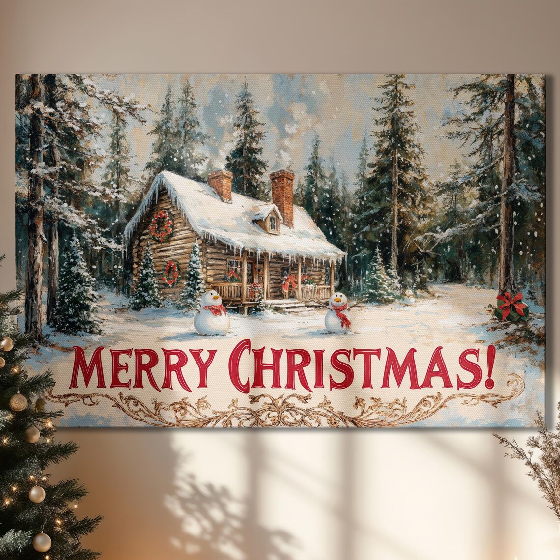 Merry Christmas Snowy Cabin With Snowmen Holiday Painting Poster