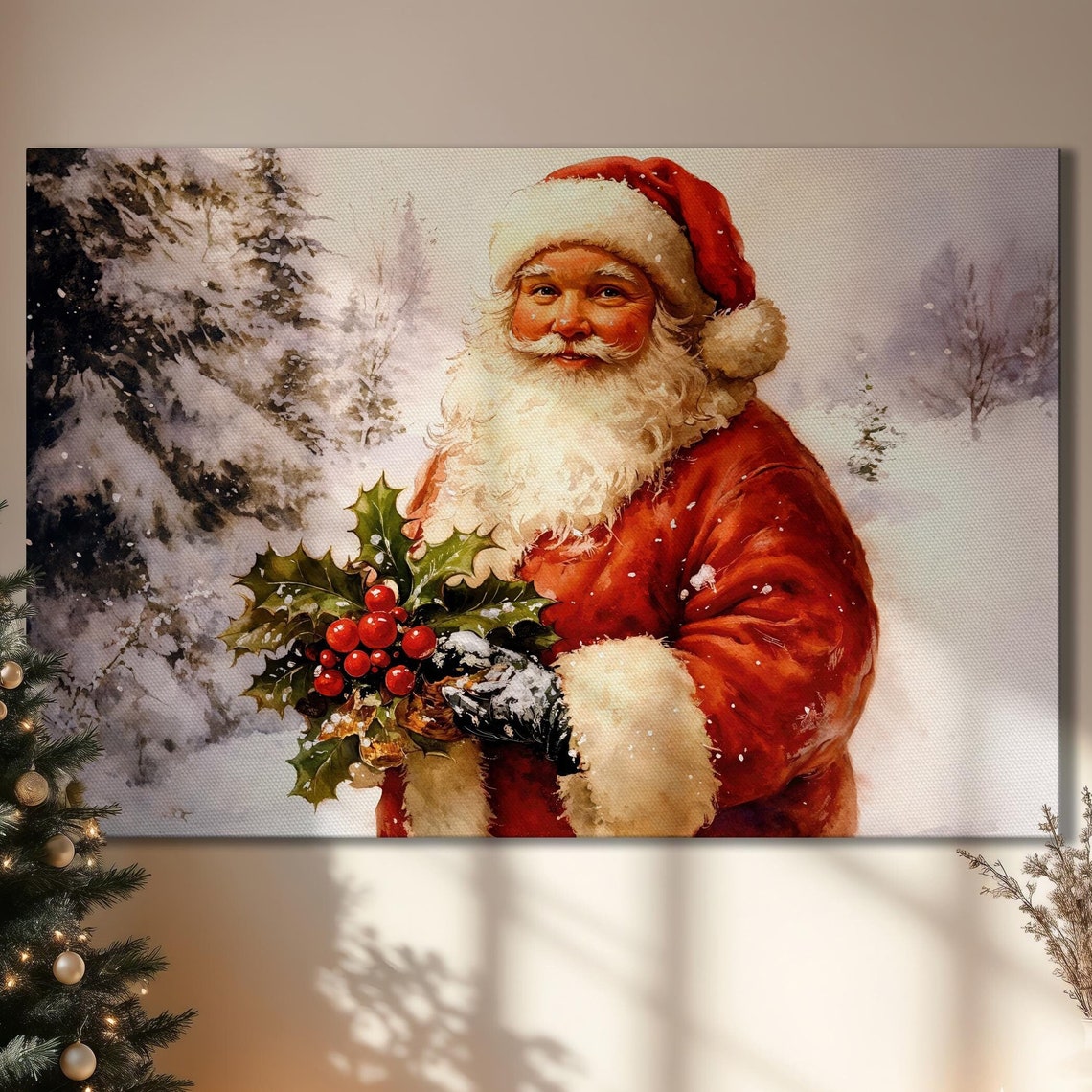 Santa Claus Holding Holly In A Snowy Forest Vintage Holiday Poster