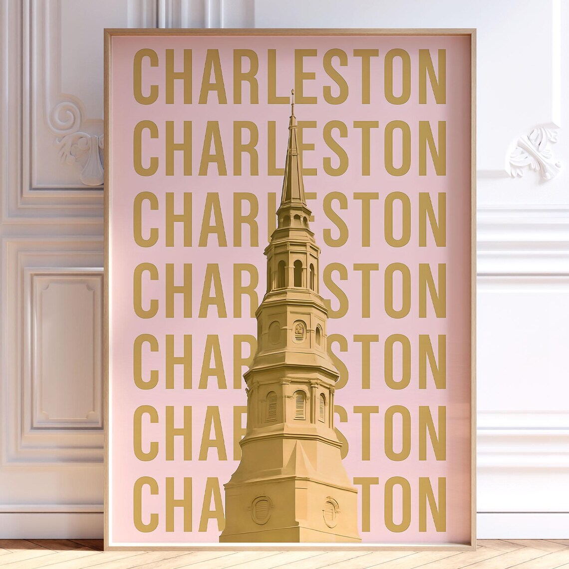 Charleston South Carolina Pink Gold Steeple Travel City Art Poster