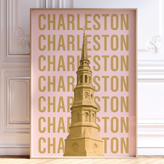 Charleston South Carolina Pink Gold Steeple Travel City Art Poster