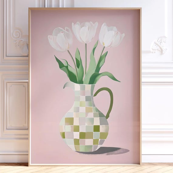 White Tulips Checkered Pitcher Pink Floral Still Life Art Poster