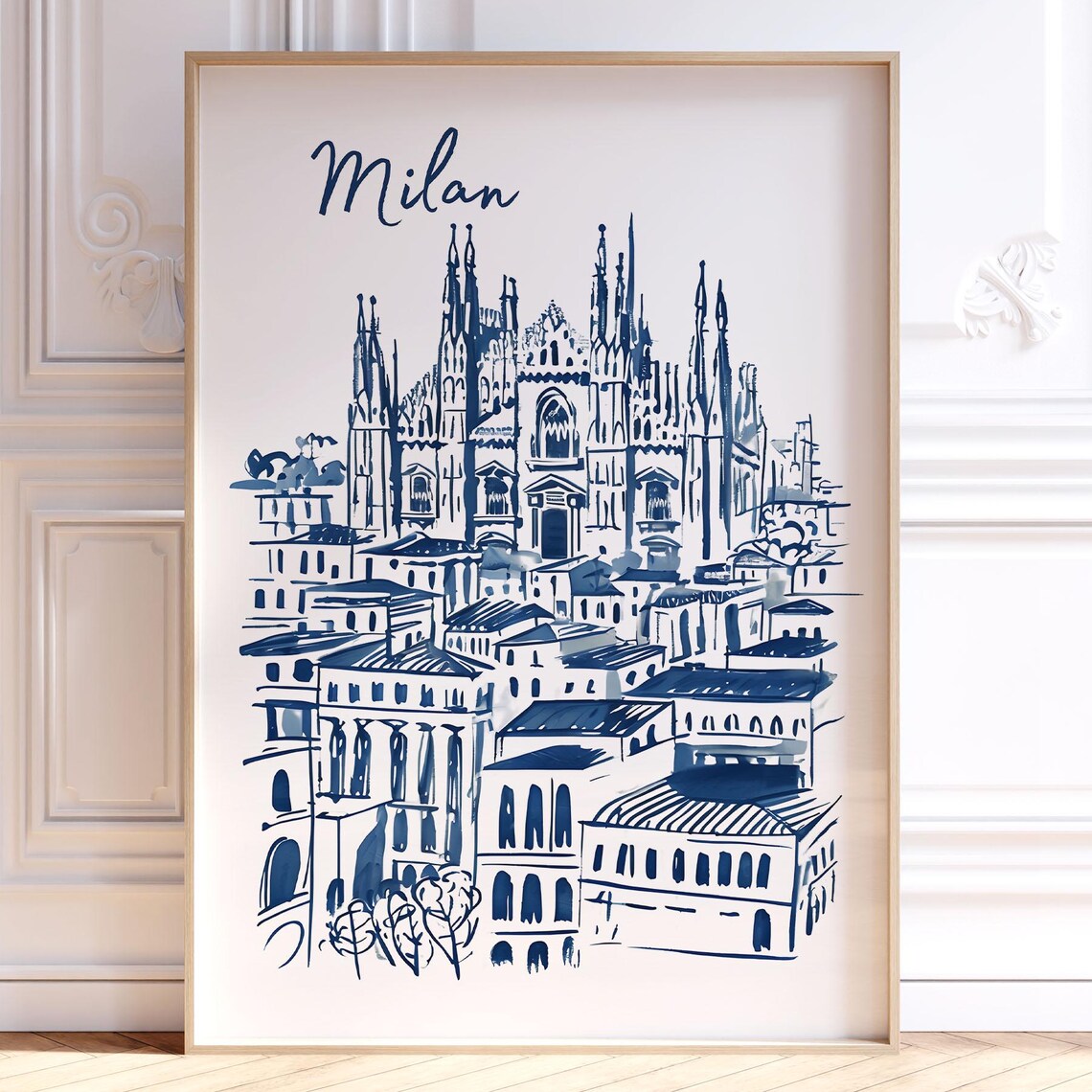 Milan Italy Duomo Cathedral Navy Blue Hand Drawn Sketch Travel Poster