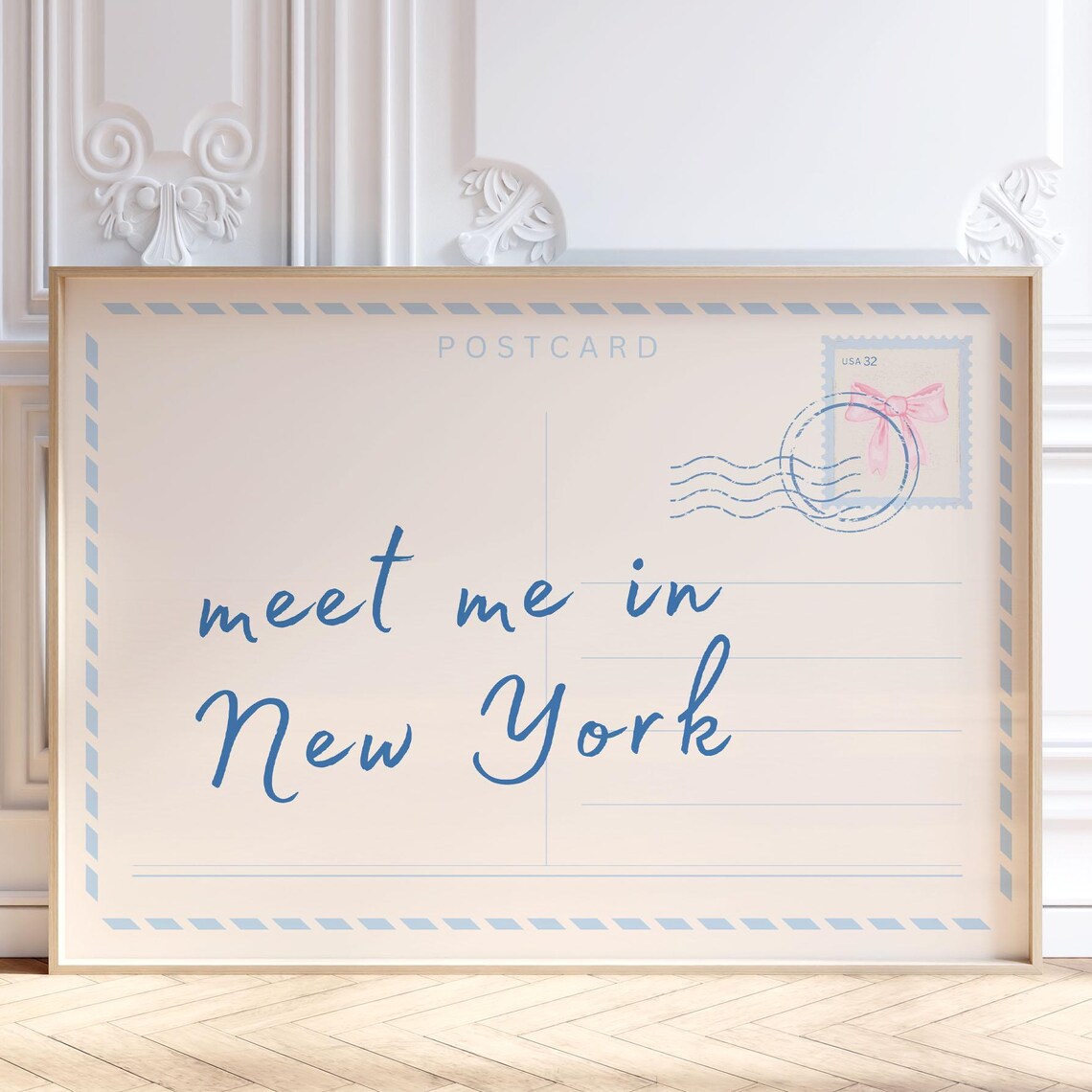 Meet Me In New York Postcard Light Blue Trendy Travel Art Poster
