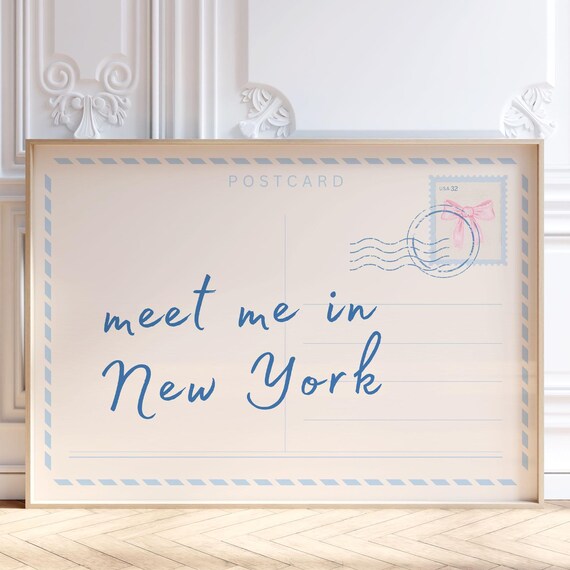 Meet Me In New York Postcard Light Blue Trendy Travel Art Poster