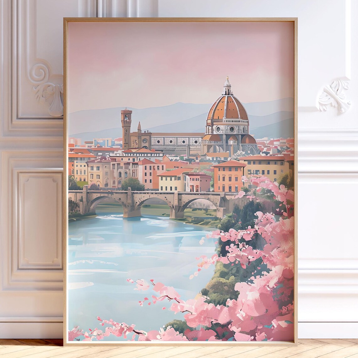 Florence Italy Pastel Duomo Cathedral River Bridge Travel Poster