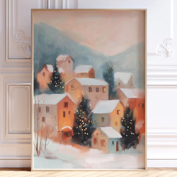 Christmas Village Print Abstract Winter Town Painting Neutral Seasonal Decor Festive Holiday Wall Art