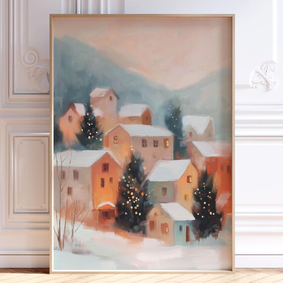Soft Pastel Winter Village Abstract Snowy Christmas Town Poster