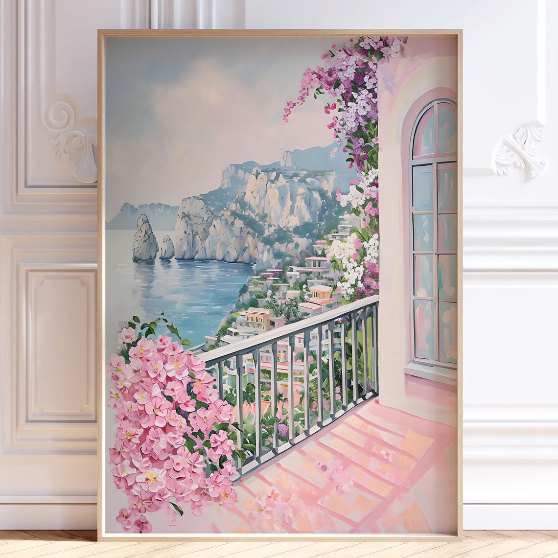 Capri Italy Pastel Pink Bougainvillea Balcony Faraglioni Sea Poster