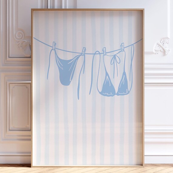 Blue Bikini Clothesline Coastal Beach Girly Dorm Room Art Poster