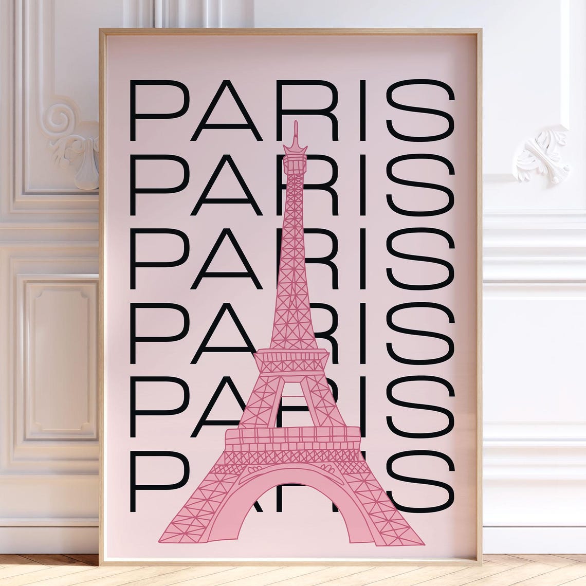 Paris Eiffel Tower Pink Trendy Blush Repeat Typography French Wall Art