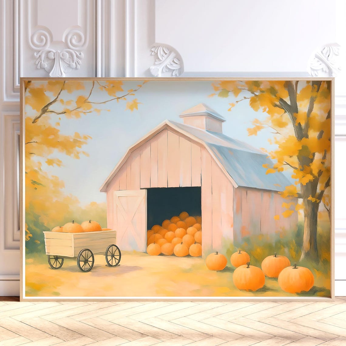 Pumpkin Barn Print Fall Farm Landscape Poster Pastel Wall Art Autumn Foliage Halloween Rustic Scene