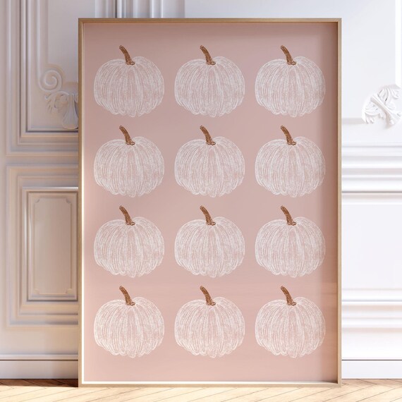 White Pumpkins Print Light Pink Fall Wall Art Trendy Girly Autumn Poster Cute Seasonal Decor Thanksgiving