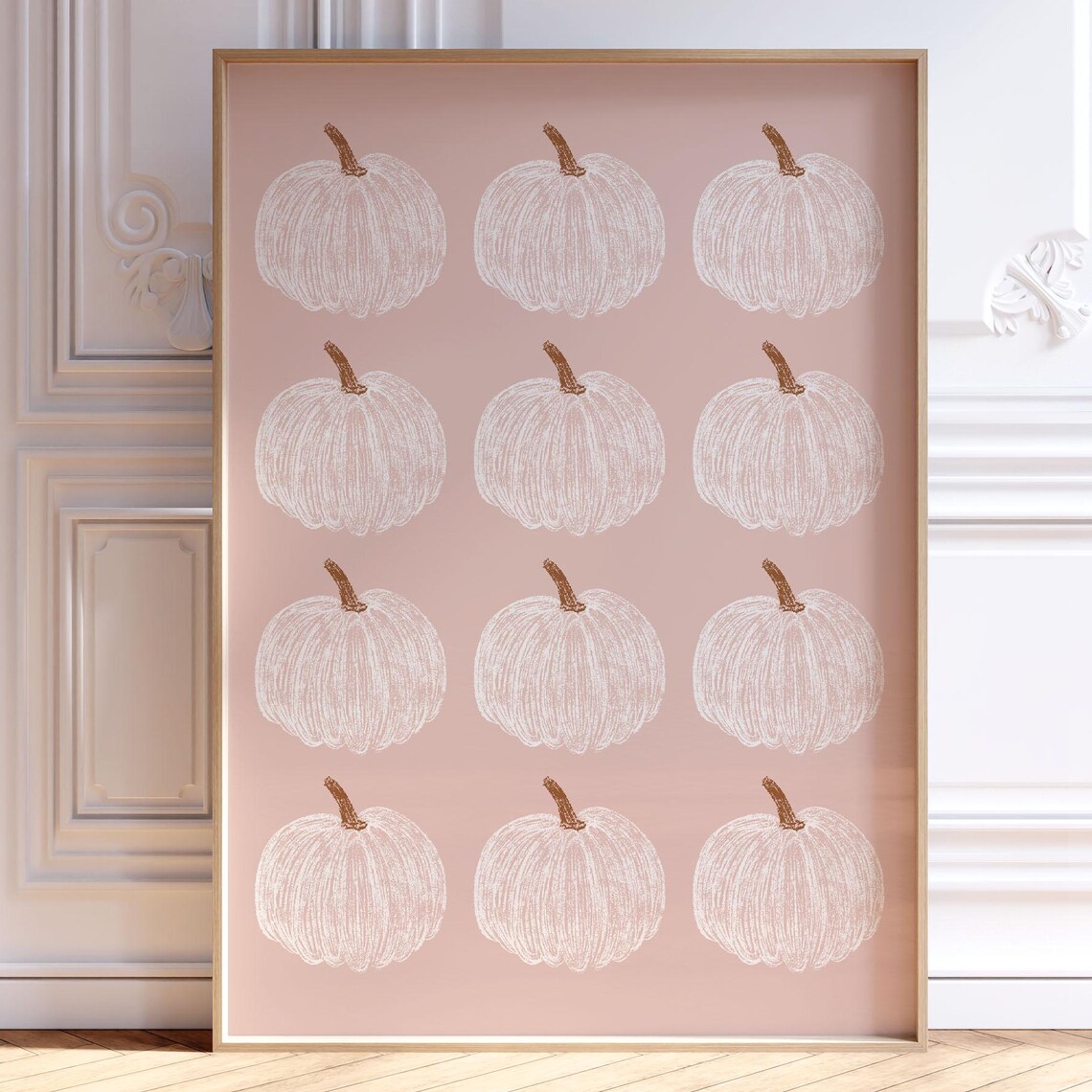 White Pumpkin Sketch Grid Blush Pink Autumn Fall Decor Art Print