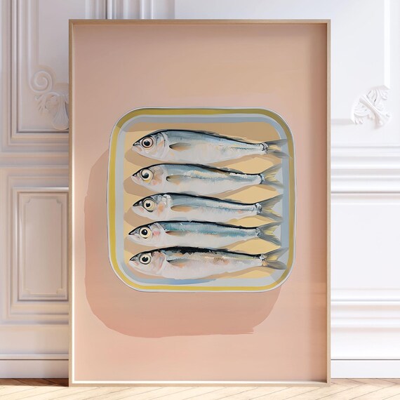 Sardines Wall Art Print Pastel Kitchen Fish Sardine Tin Dopamine Decor Trendy Apartment Poster