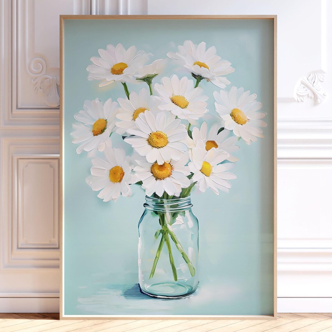 White Daisies in Glass Mason Jar Pale Blue Fresh Floral Wall Art