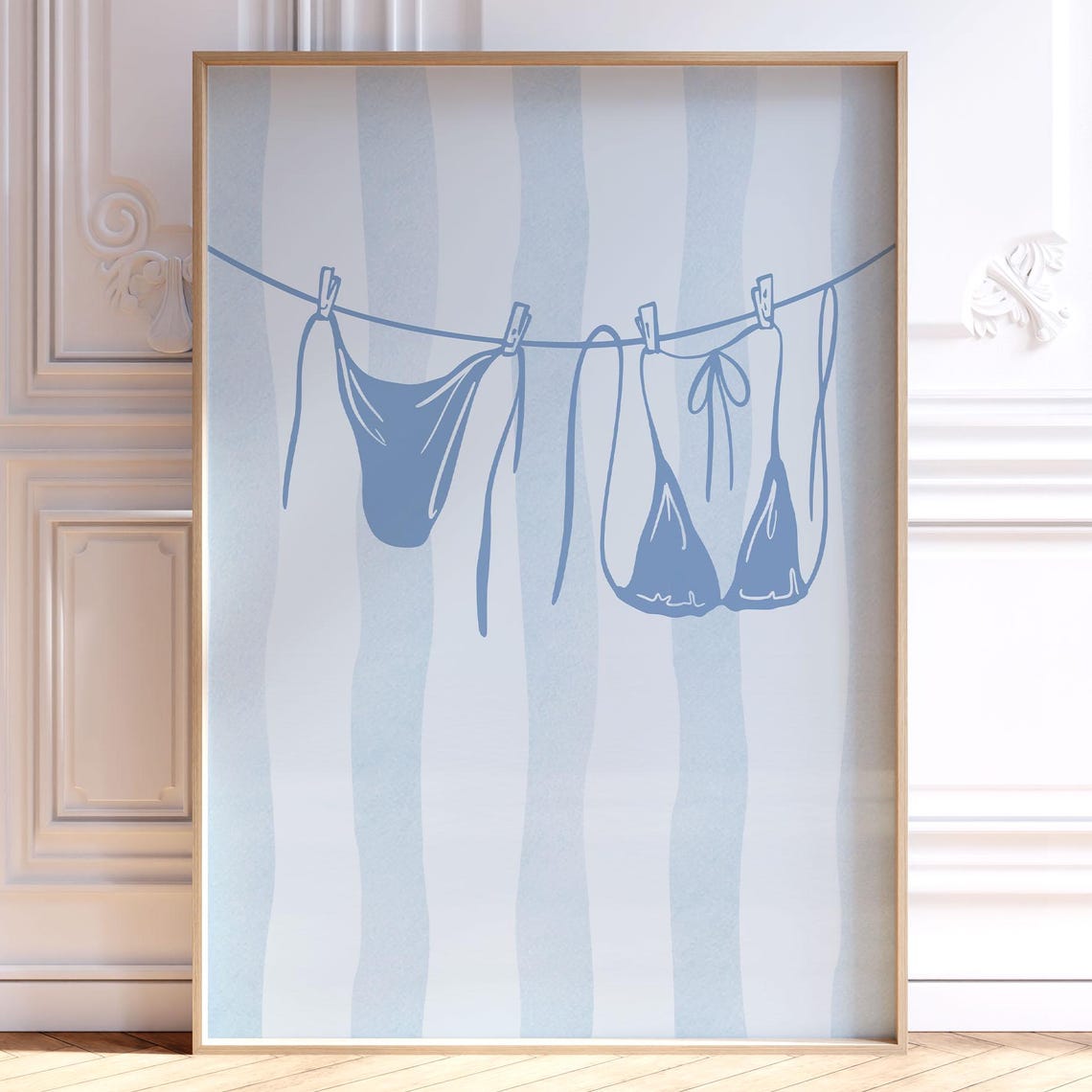 Blue Bikini Clothesline Coastal Summer Minimalist Beach Wall Art