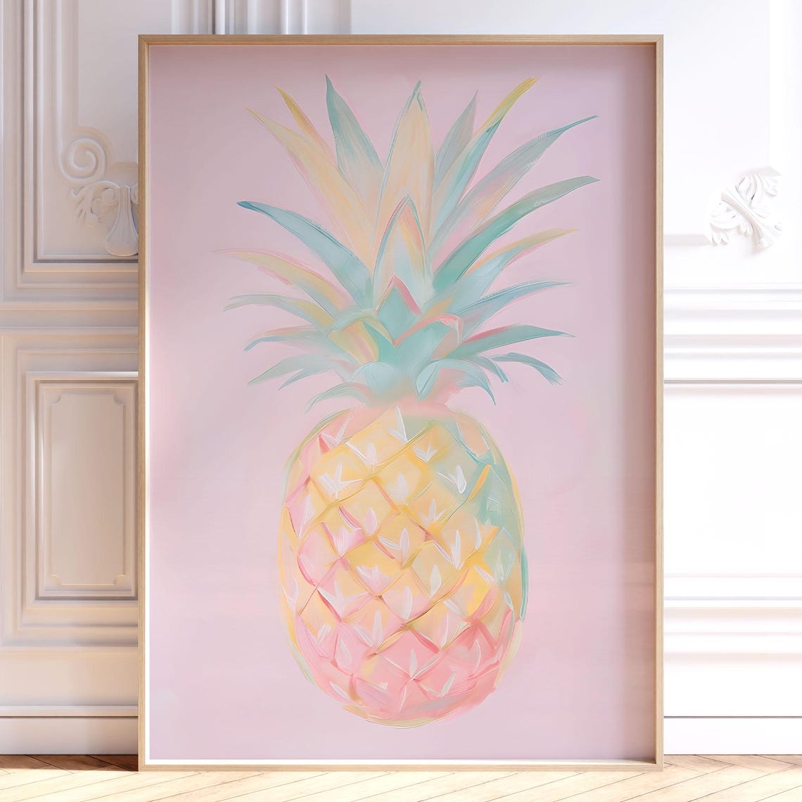 Pastel Pineapple Painting Pink Tropical Fruit Kitchen Wall Art