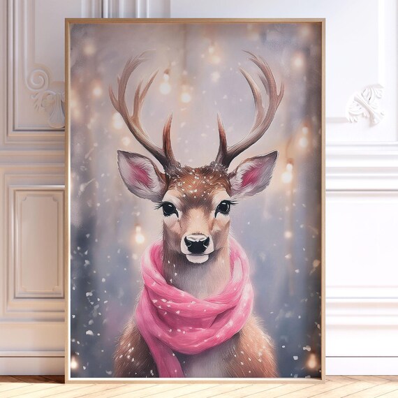 Reindeer Christmas Print Cute Holiday Deer Decor Trendy Seasonal Poster Winter Wall Girls Nursery Playroom Art