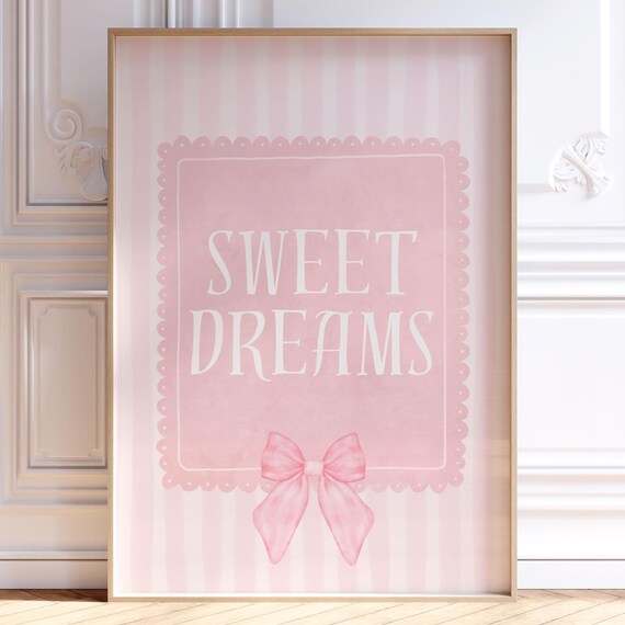 Sweet Dreams Pink Striped Artwork with Watercolor Bow Bedroom Wall Art