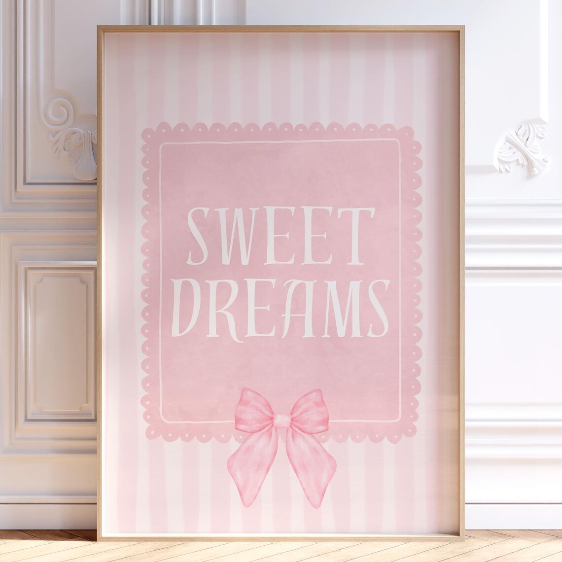 Sweet Dreams Pink Striped Artwork with Watercolor Bow Bedroom Wall Art
