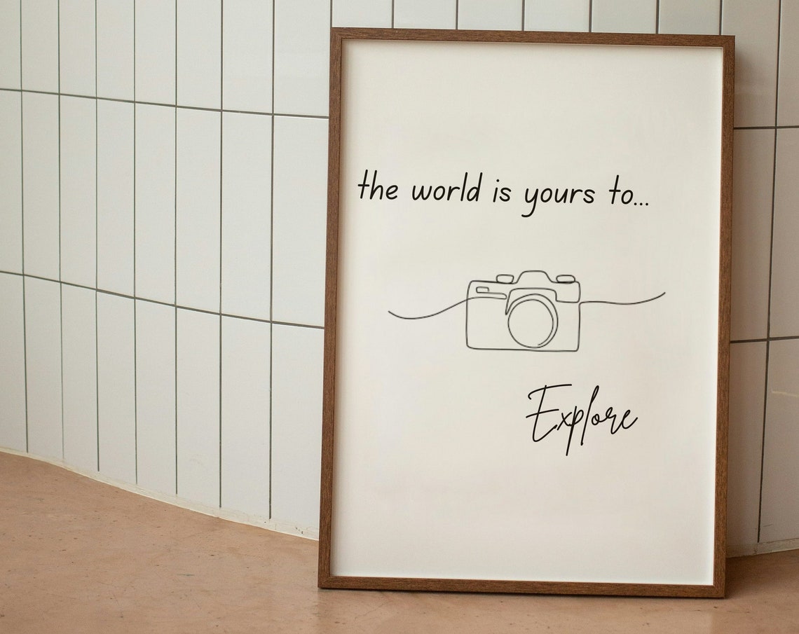 The World Is Yours To Explore Travel Camera Line Art Quote Poster