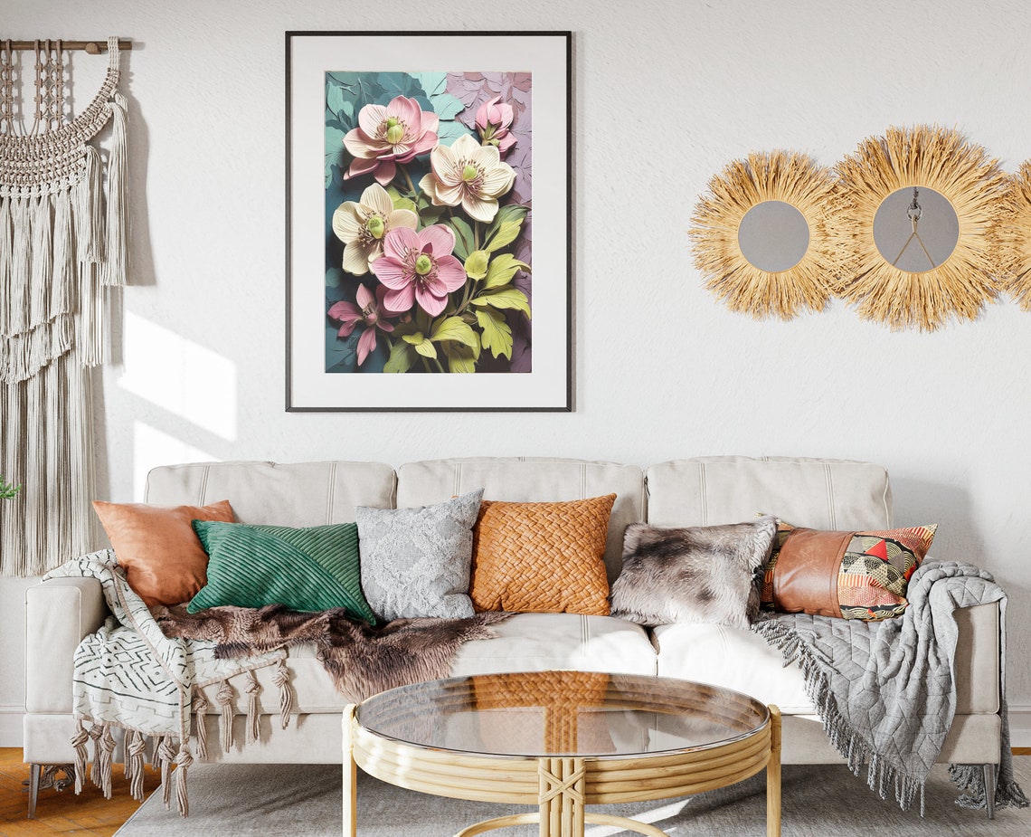 Pink Hellebore Flowers 3D Paper Quilling Floral Spring Wall Art Poster - Image 2