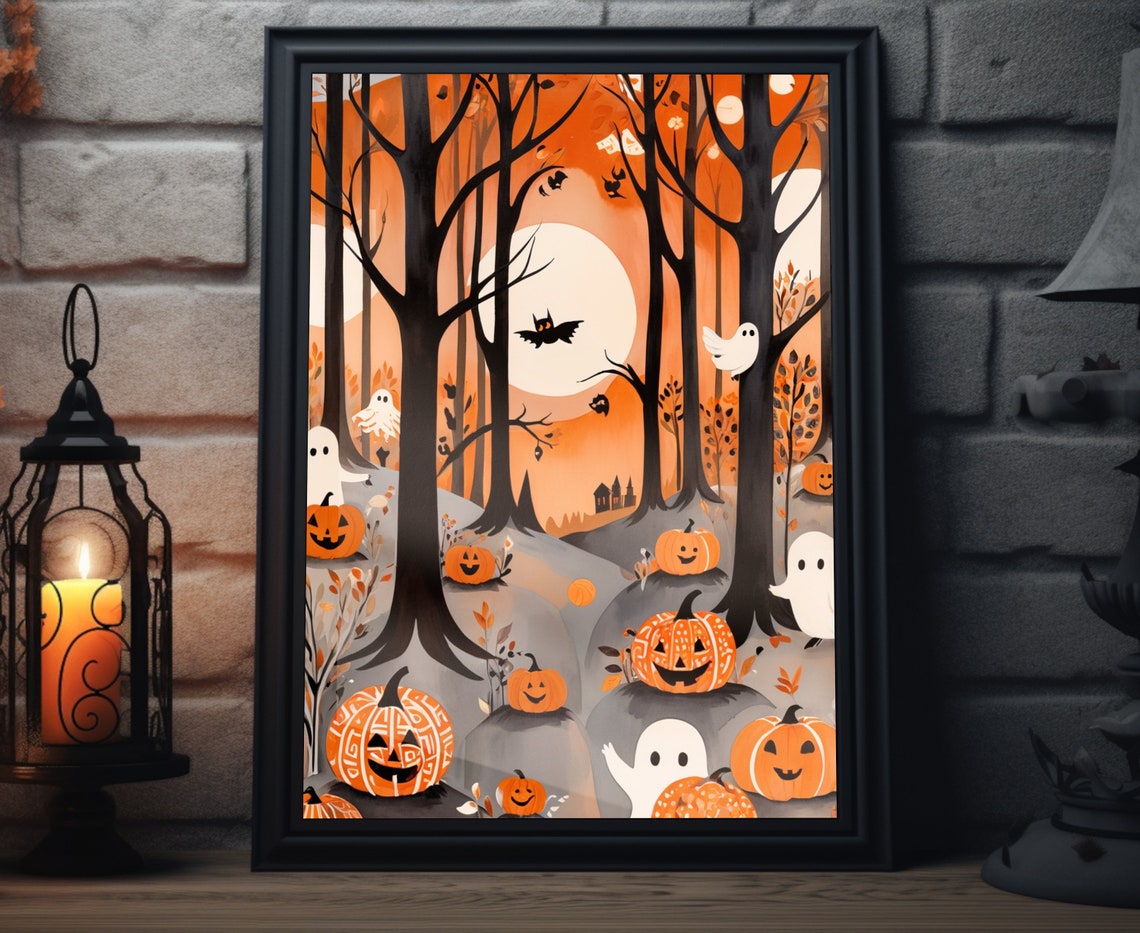Halloween Ghost Forest Tall Trees Pumpkins Moonlit Night Poster