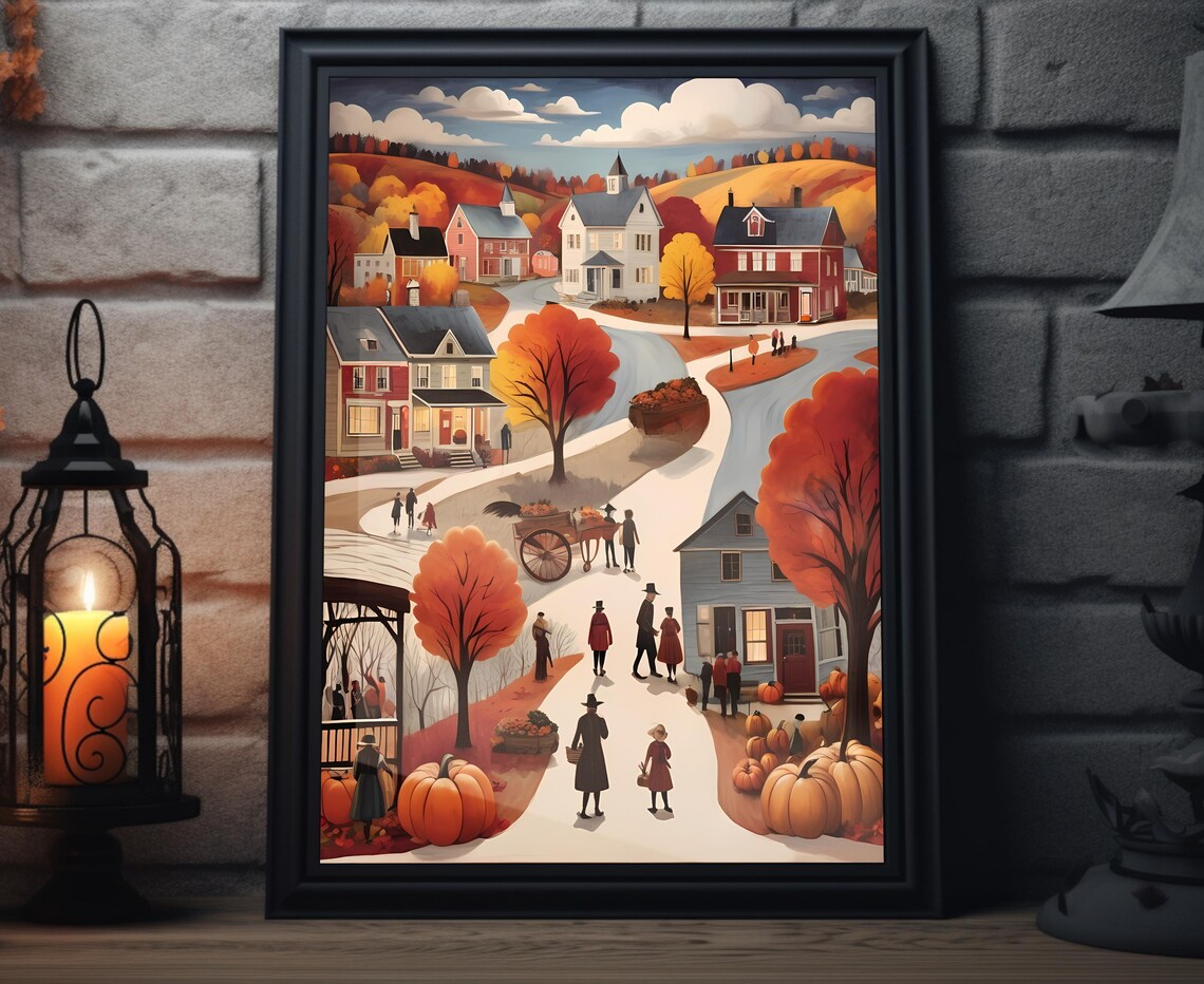 Autumn Town Street Pumpkins Orange Trees Horse Cart Fall Scene Poster