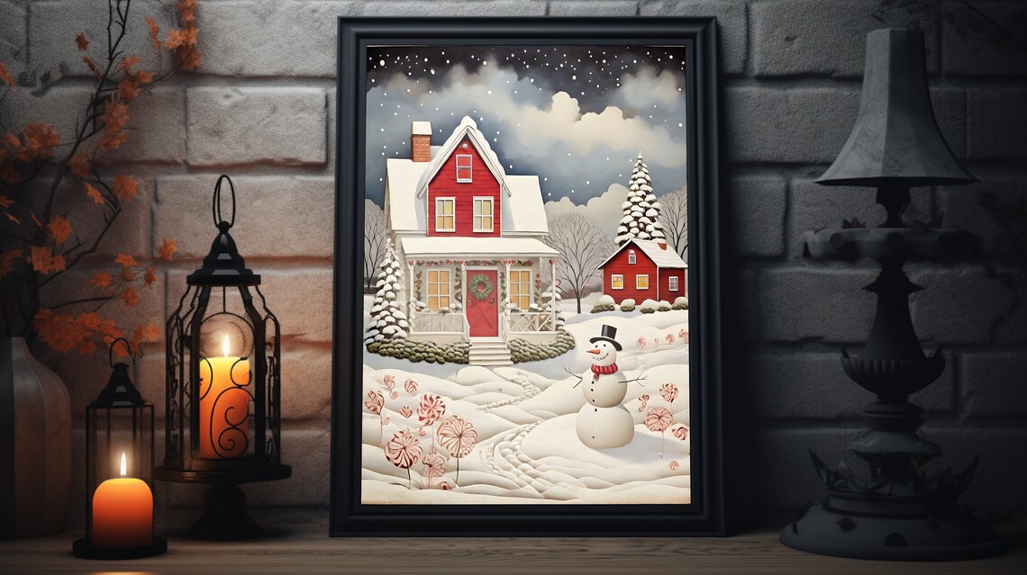 Red House Snowy Night Snowman Starry Sky Christmas Winter Poster