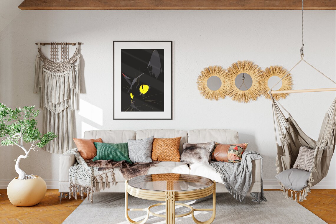 Black Cat Glowing Yellow Eyes Halloween Spooky Night Dark Feline Art Poster - Image 2