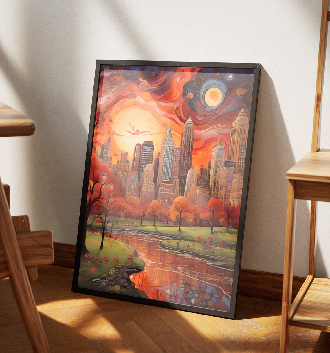 New York Central Park Autumn Sunset Lake Manhattan Skyline Art Poster - Image 4