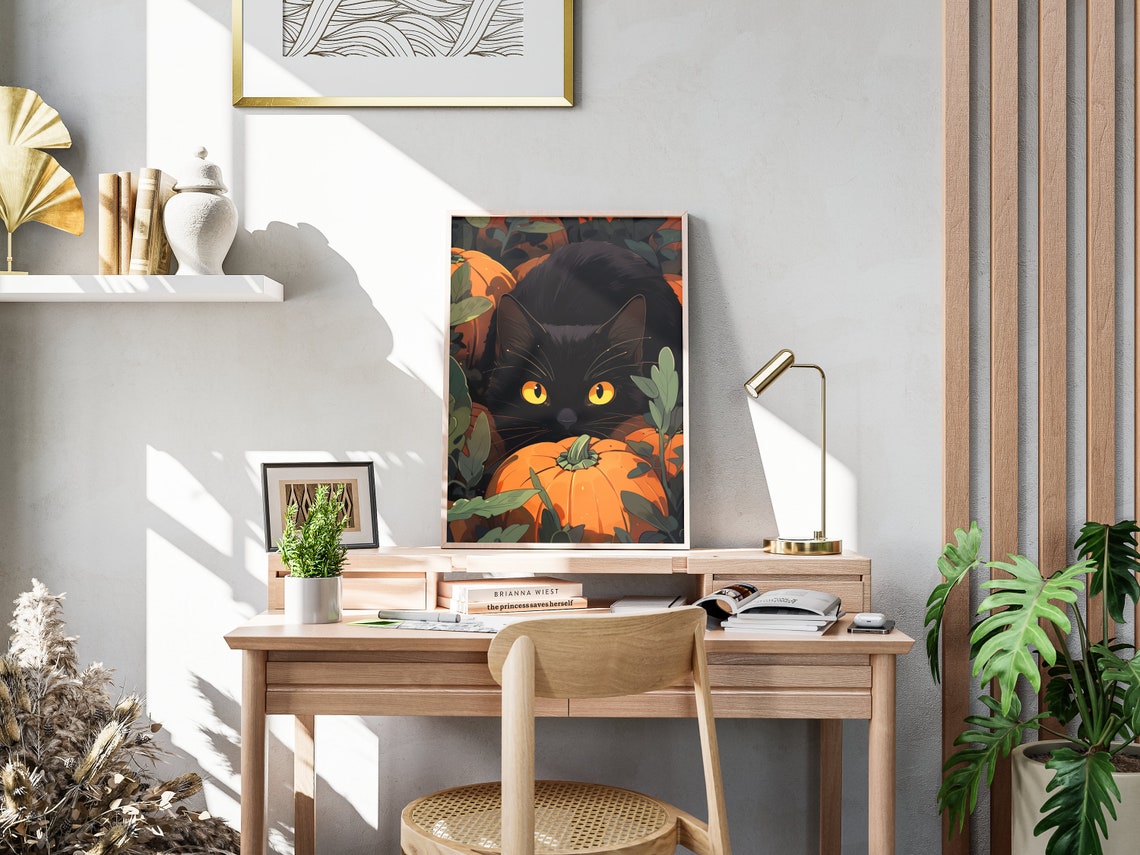 Halloween Cat Wall Art Fall Inspired Scene With Original Art Cute Black Cat And Pumpkins - Image 4