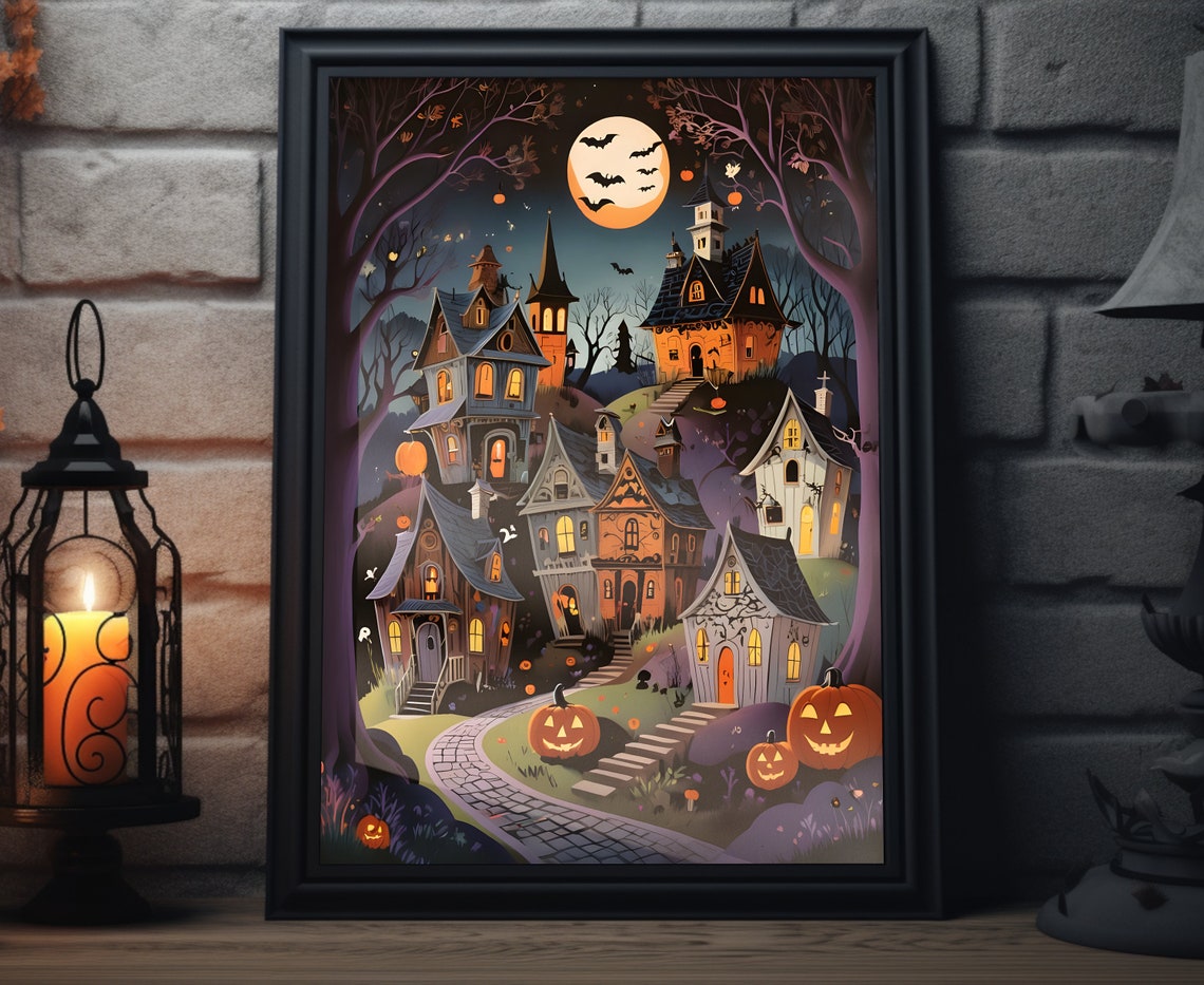 Halloween Haunted Town Full Moon Bats Jack O Lanterns Night Poster
