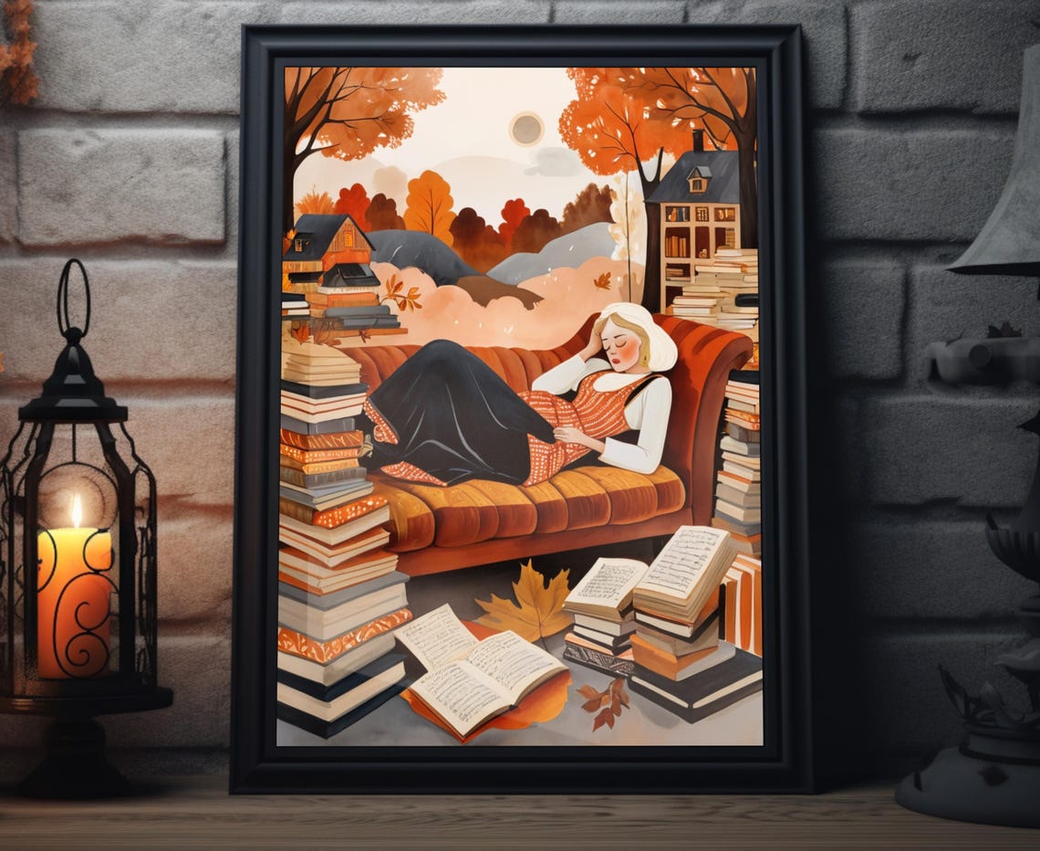 Woman Napping Books Sofa Autumn Houses Cozy Reading Art Poster