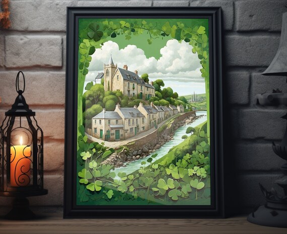 Ireland Riverside Village Church Hill Shamrock Border Folk Art Poster