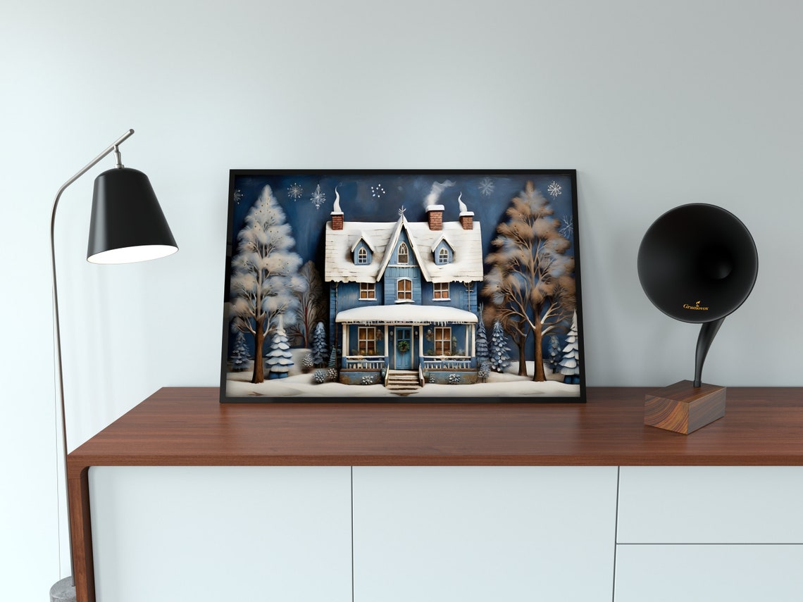 Snowy Blue Victorian House Folk Art Winter Night Scene Wall Art - Image 4