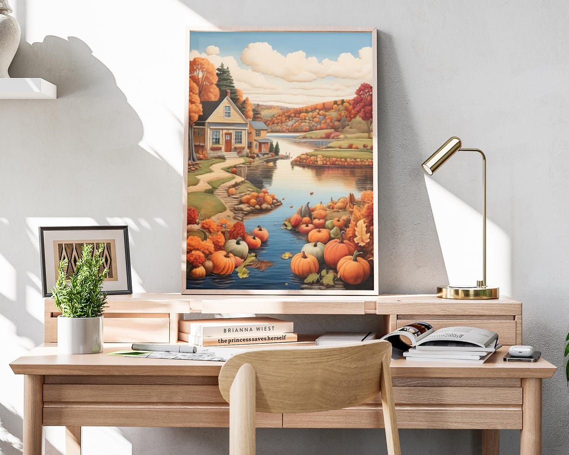 Autumn Lake Cottage Pumpkin Shore Stone Path Folk Art Poster - Image 4