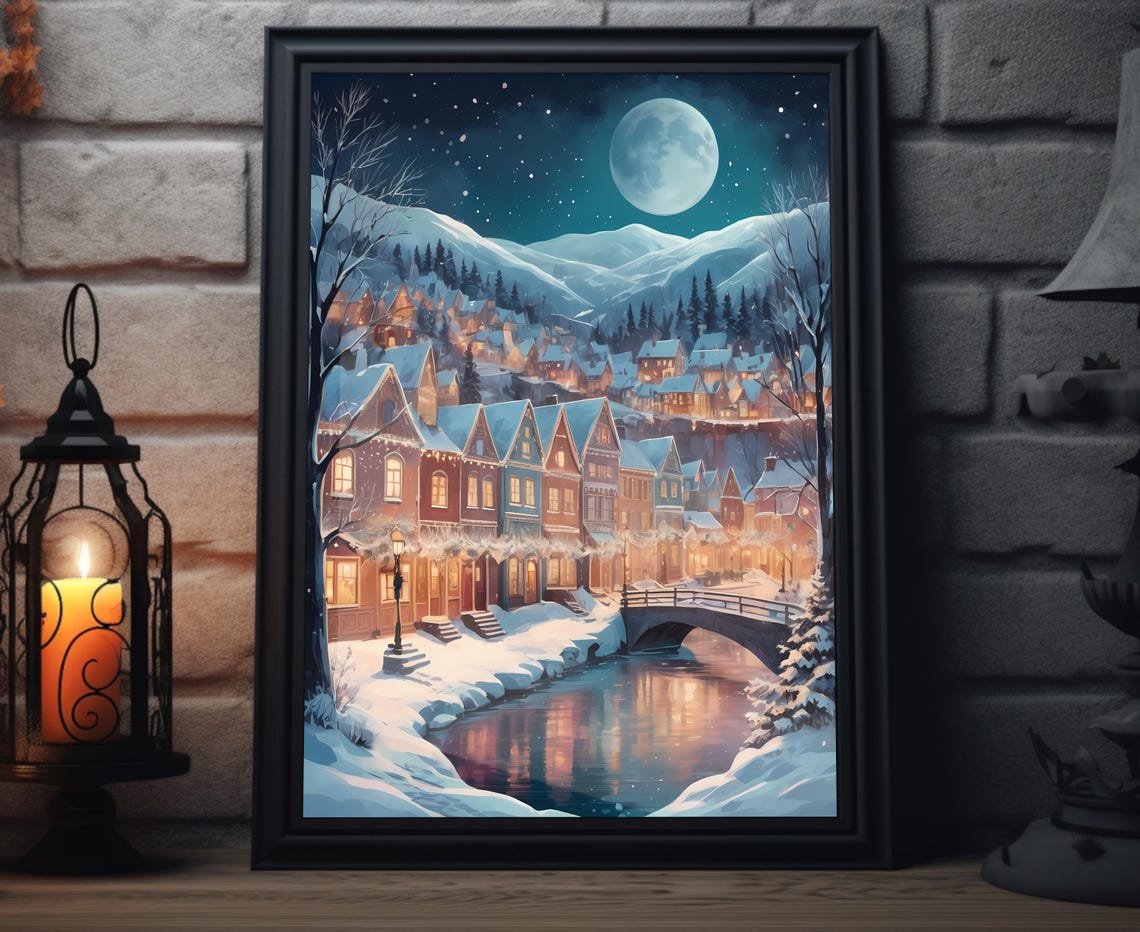 Winter Moonlit Snowy Village With Full Moon Frozen Stream Poster