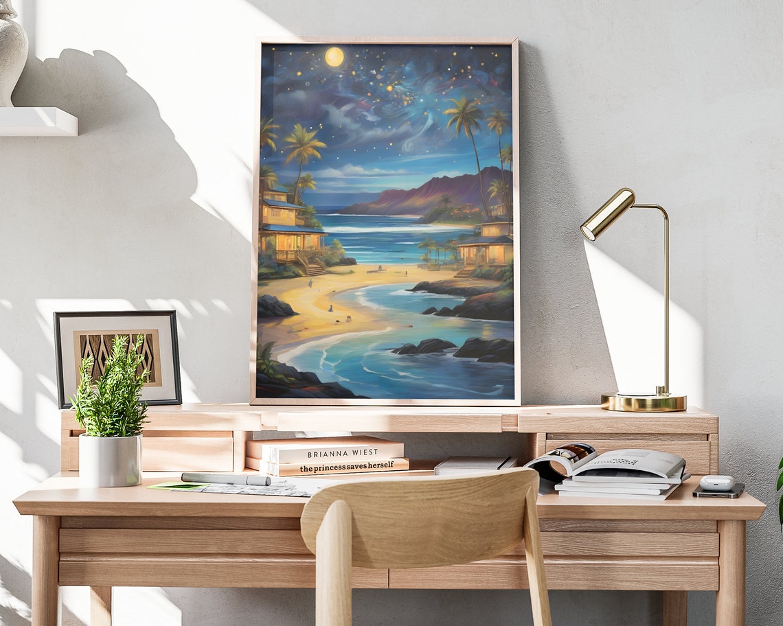 Hawaii Beach Starry Night Palm Trees Moonlit Bay Tropical View Poster - Image 3
