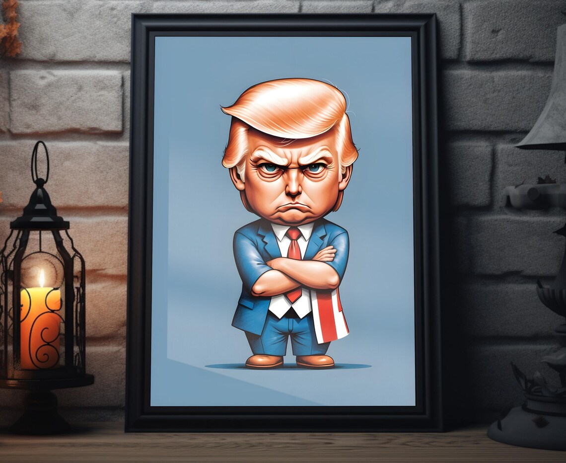 Donald Trump Chibi Caricature Flag Draped Blue Suit Political Poster