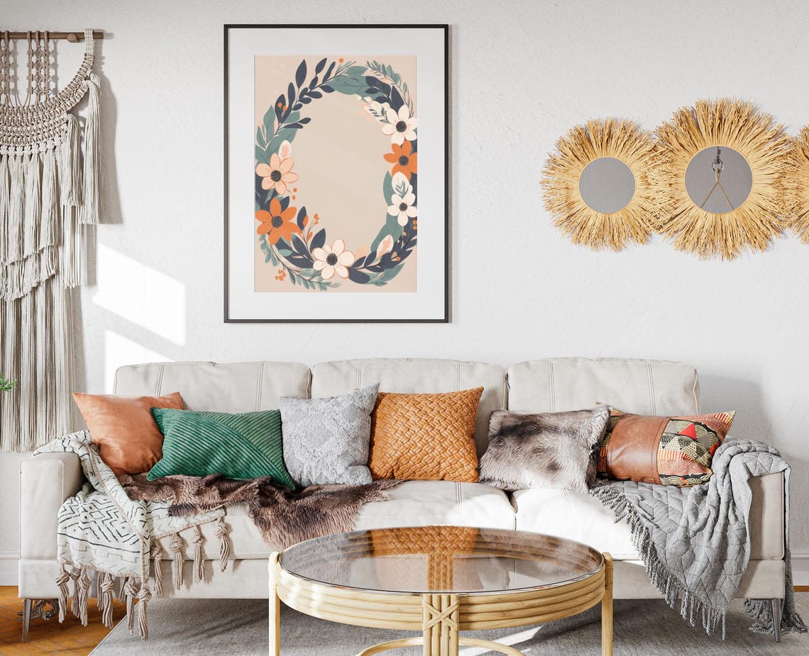 Boho Floral Christmas Wreath Orange Blooms Botanical Art Poster - Image 2