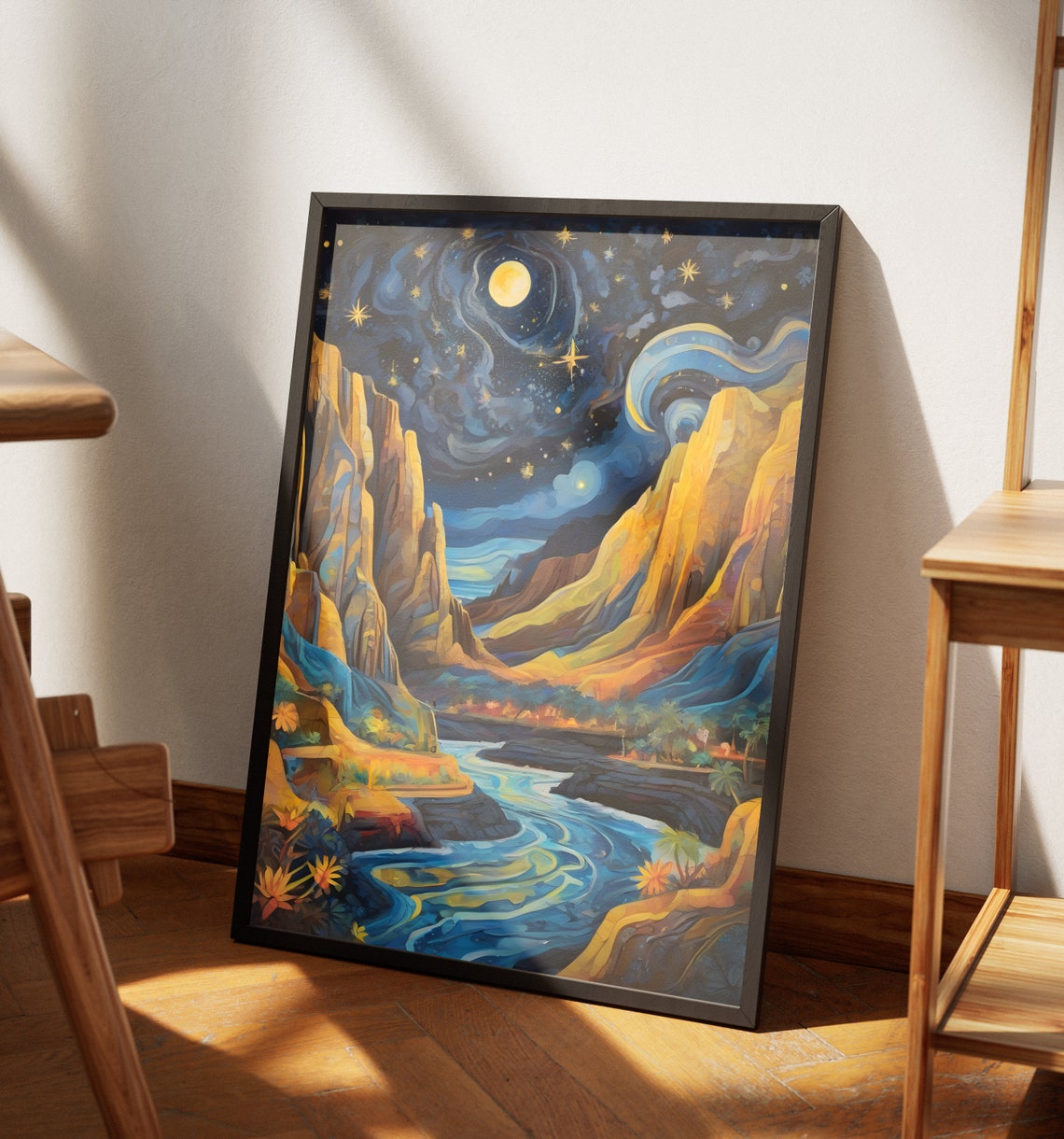 Hawaii Canyon Night River Golden Cliffs Moonlit Starry Sky View Poster - Image 4