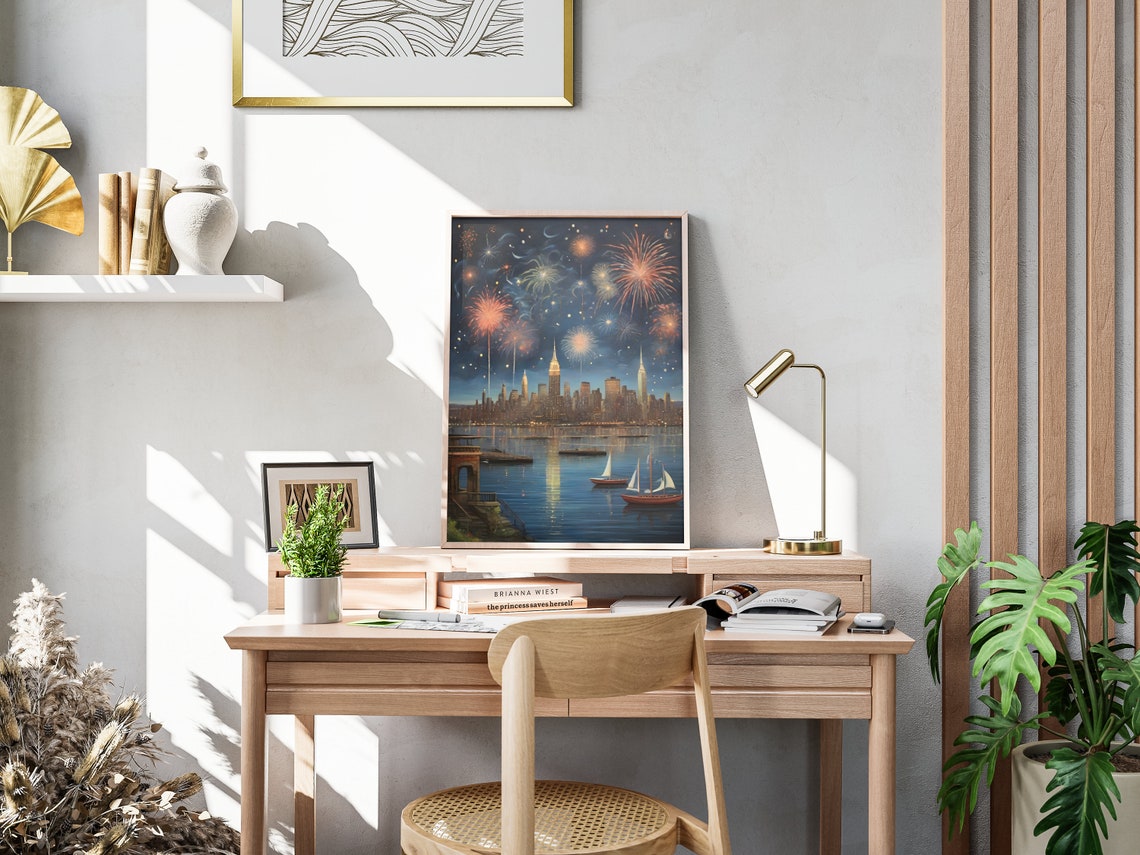 New York City Harbor Fireworks Night Sailboats Skyline Travel Poster - Image 4