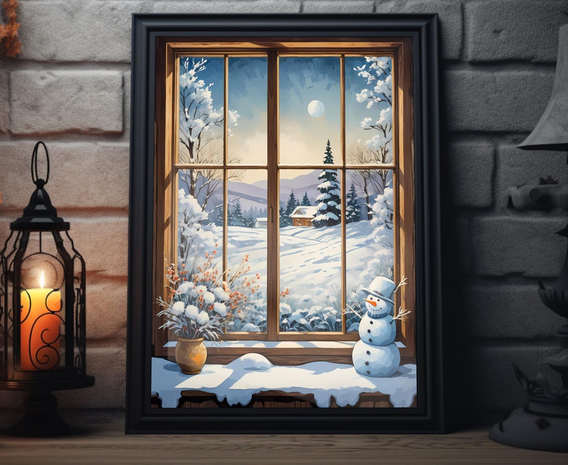 Snowman Greeting Outside Winter Window Snowy Valley Art Poster