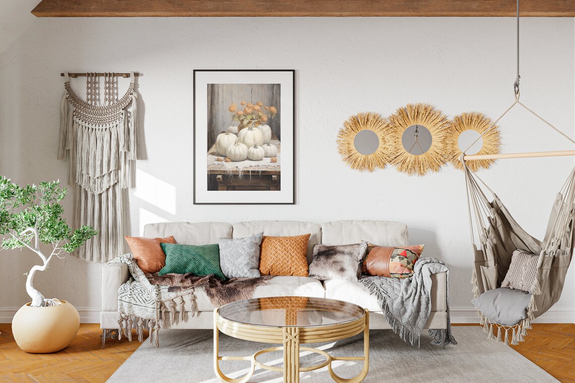 Rustic White Pumpkins Still Life Painting Fall Flowers Farmhouse Table Poster - Image 2
